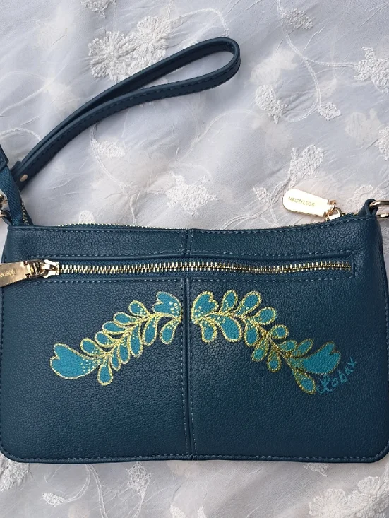 Hand Painted Teal Free Form Designer Crossbody Clutch - Picture 5 of 17